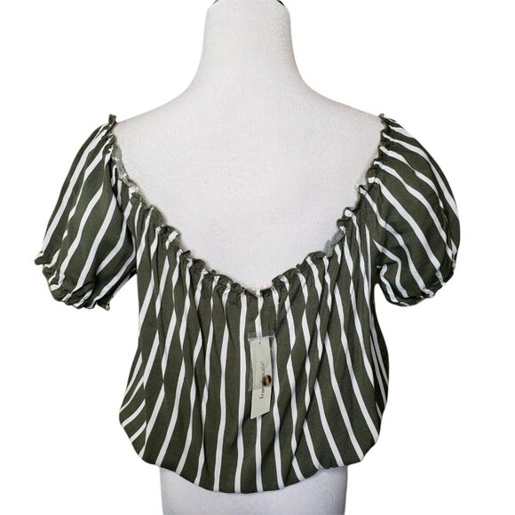 Striped Olive & White Off-Shoulder cropped Blouse With Button Front Size M - Picture 2 of 9